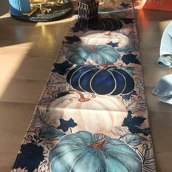 Thanksgiving Fall Linen Table Runner - Pumpkin and Maple Leaf Design -108" x 13" - Picture 8 of 9